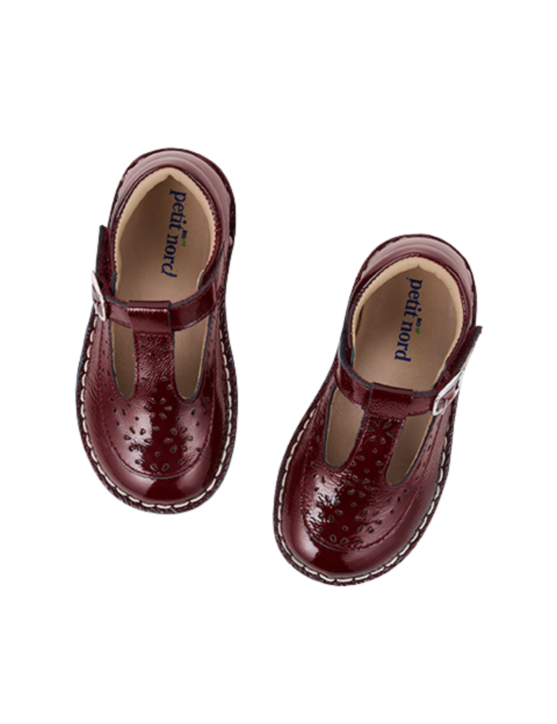 Petit Nord Low T-Bar Flower T-bars and Ballerinas Burgundy Patent 159